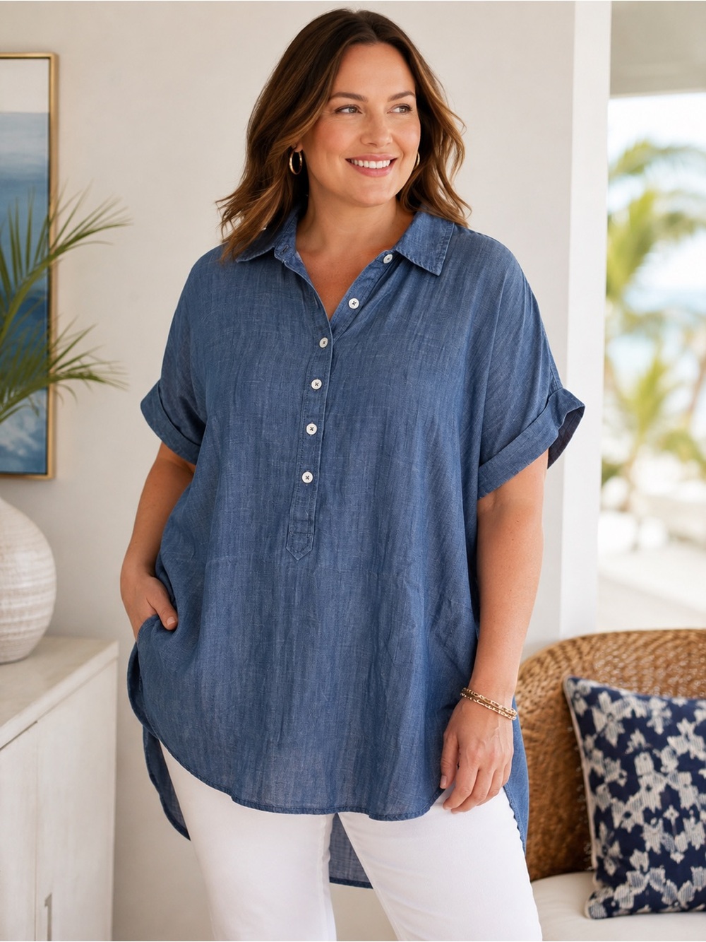 Talbots Plus 2X Tencel Lyocell Chambray Popover Tunic Top Blue NWT